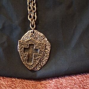 Christian Rosary Necklac. Bronze W Faux Pearls